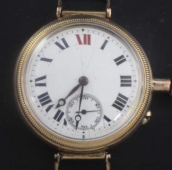 A 9ct gold WWI trench wristwatch, with enamelled dial and 17-jewel Swiss movement, Francois Borgel (screw case patented 1891),